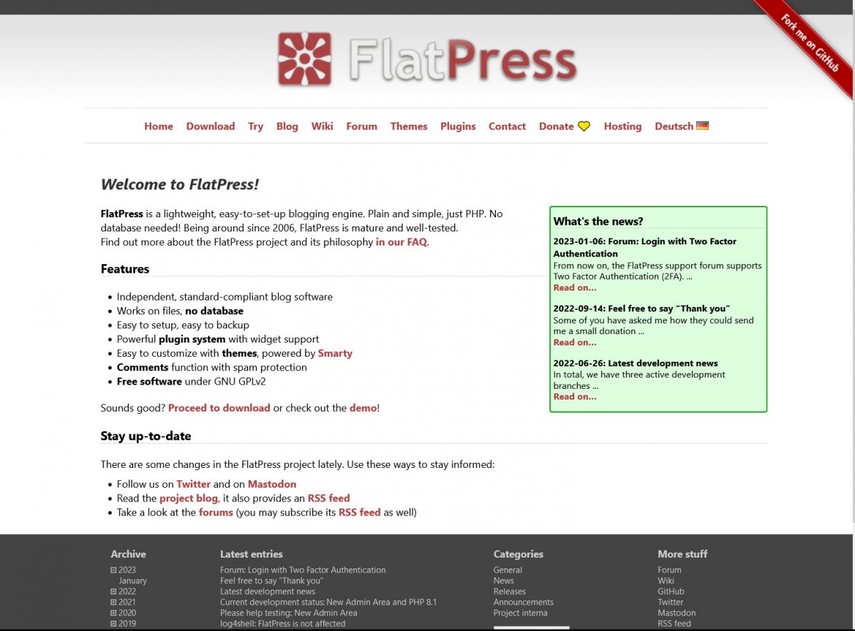 Flatpress CMS betrachtet sich als eine unabhängige, standardmäßige Blog-Software, die mit Dateien funktioniert, ohne Datenbank